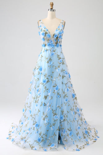 Niebieska Linia A Linia A Szypułk Długa Sukienka na studniówkę z 3D Kwiaty