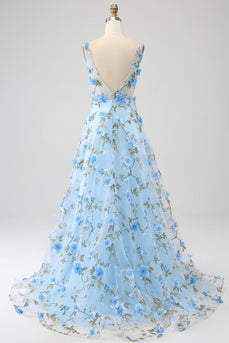 Niebieska Linia A Linia A Szypułk Długa Sukienka na studniówkę z 3D Kwiaty