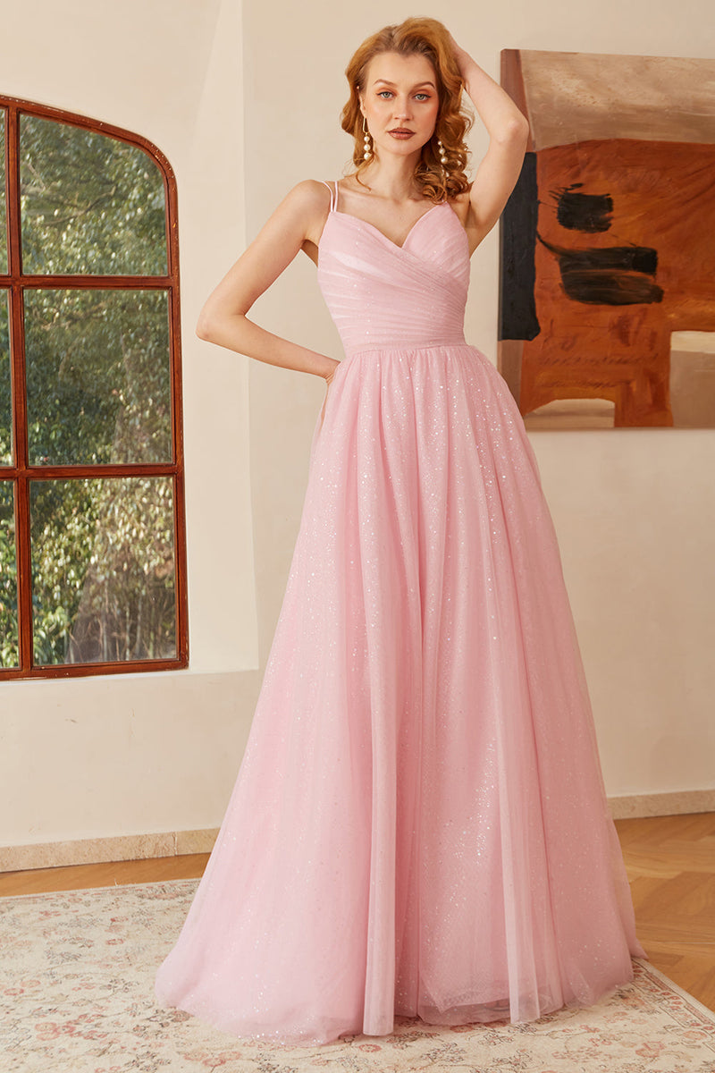 Załaduj obraz do przeglądarki galerii, Brokatowa Różowa Sznurowana Sukienka Ruched Na Studniówke