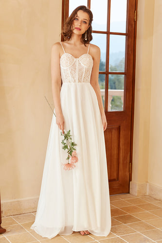 Piękne Cienkich Ramiączkach Biała suknia ślubna z aplikacjami