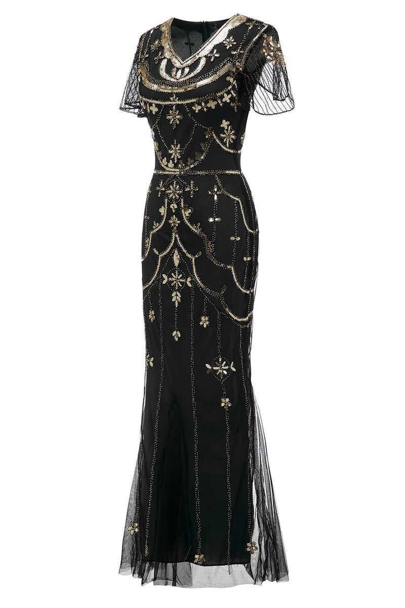 Załaduj obraz do przeglądarki galerii, Cekiny Czarna Długa Sukienka Lata 20
