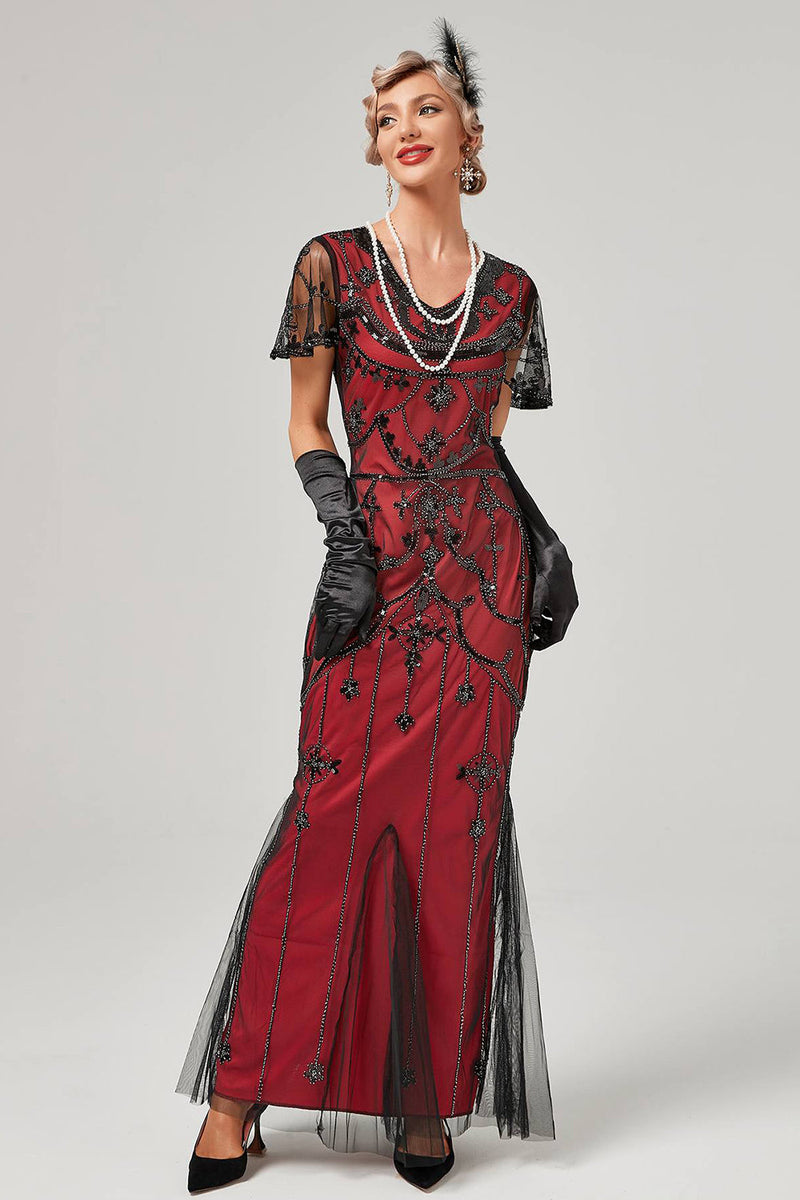 Załaduj obraz do przeglądarki galerii, Czerwony Cekiny Długa Sukienka Lata 20