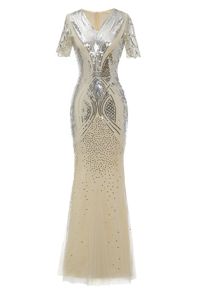 Załaduj obraz do przeglądarki galerii, Morelowe Królewska Długie Sukienki Lata 20 z Cekinami