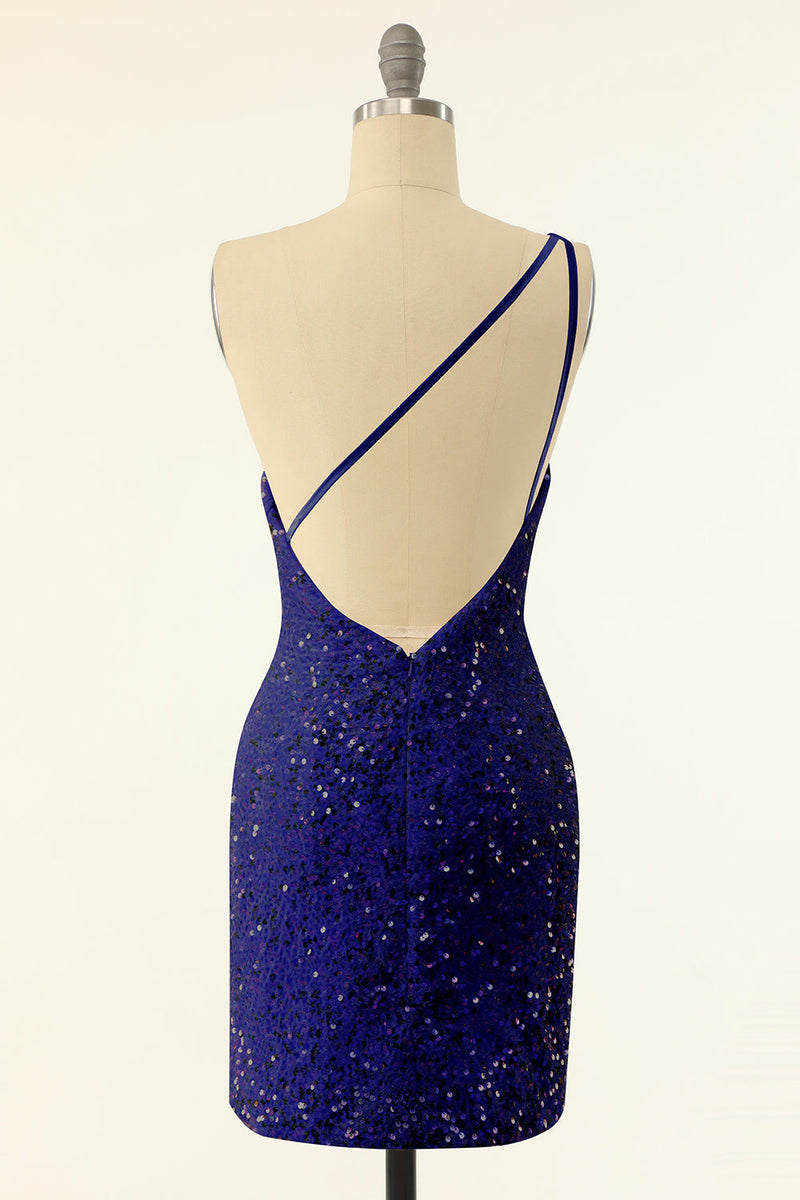 Załaduj obraz do przeglądarki galerii, Królewska Niebieska Cekiny na Jedno Ramię Sukienka Koktajlowa