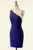 Załaduj obraz do przeglądarki galerii, Królewska Niebieska Cekiny na Jedno Ramię Sukienka Koktajlowa