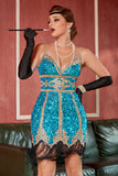 Lake Blue Sequin Short Gatsby 1920s Sukienka z frędzlami