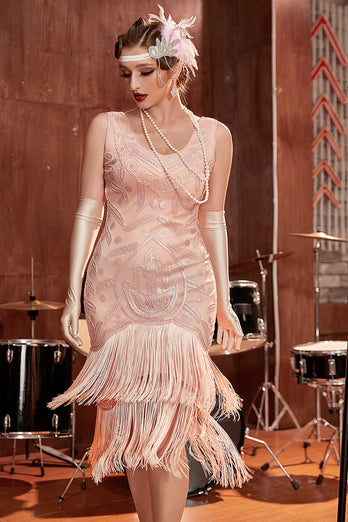 Blush Sequins 1920s Flapper Gatsby Sukienka z frędzlami
