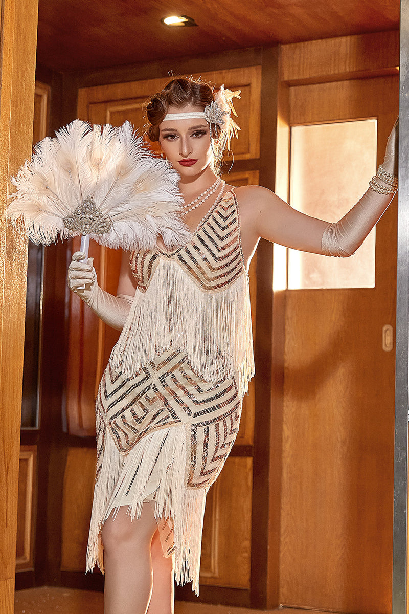 Załaduj obraz do przeglądarki galerii, Champagne V-Neck Cekiny 1920s Flapper Dress z frędzlami