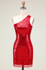 Załaduj obraz do przeglądarki galerii, Tania pochwa One Shoulder Red Sequins Krótka sukienka Homecoming z gwiazdą