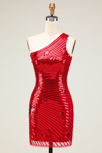 Tania pochwa One Shoulder Red Sequins Krótka sukienka Homecoming z gwiazdą