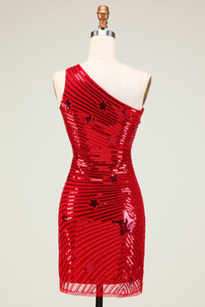 Tania pochwa One Shoulder Red Sequins Krótka sukienka Homecoming z gwiazdą