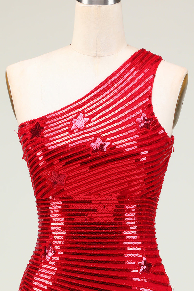 Załaduj obraz do przeglądarki galerii, Tania pochwa One Shoulder Red Sequins Krótka sukienka Homecoming z gwiazdą