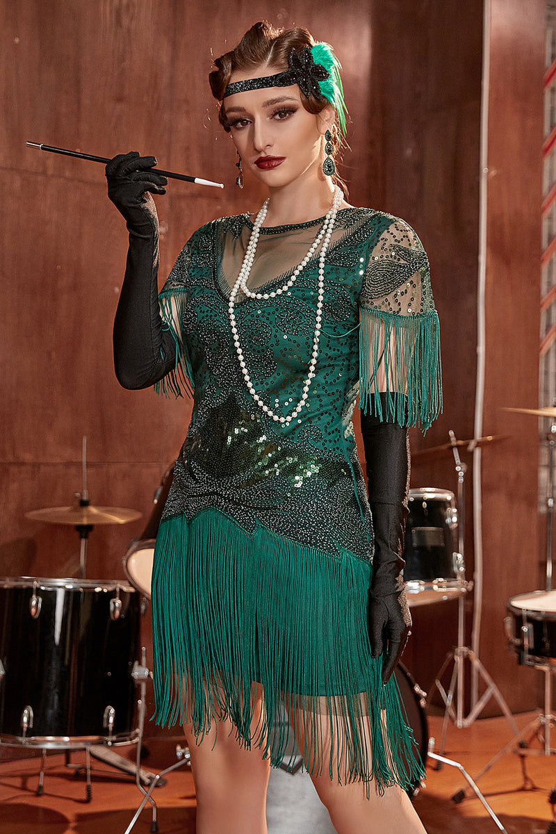 Załaduj obraz do przeglądarki galerii, Ciemnozielony bateau Neck 1920s Gatsby Sukienka z frędzlami
