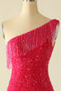 Załaduj obraz do przeglądarki galerii, Gorąca Różowa Cekinowa Sukienka Koktajlowa Na Jedno Ramię