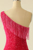 Załaduj obraz do przeglądarki galerii, Gorąca Różowa Cekinowa Sukienka Koktajlowa Na Jedno Ramię