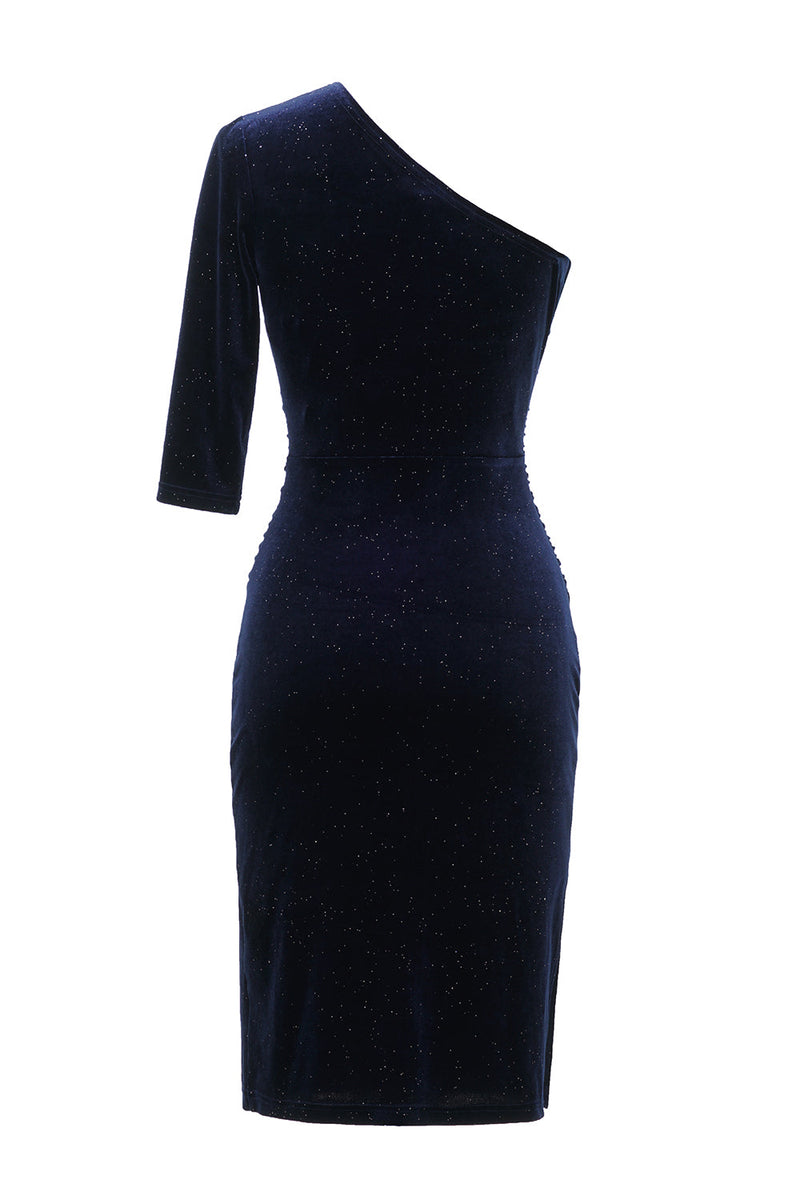 Załaduj obraz do przeglądarki galerii, Jedno ramię Niebieska sukienka Bodycon Velvet