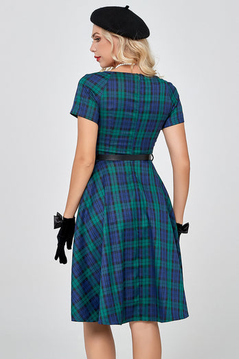 Ciemnozielony krótki rękaw 1950s Sukienka w kratę