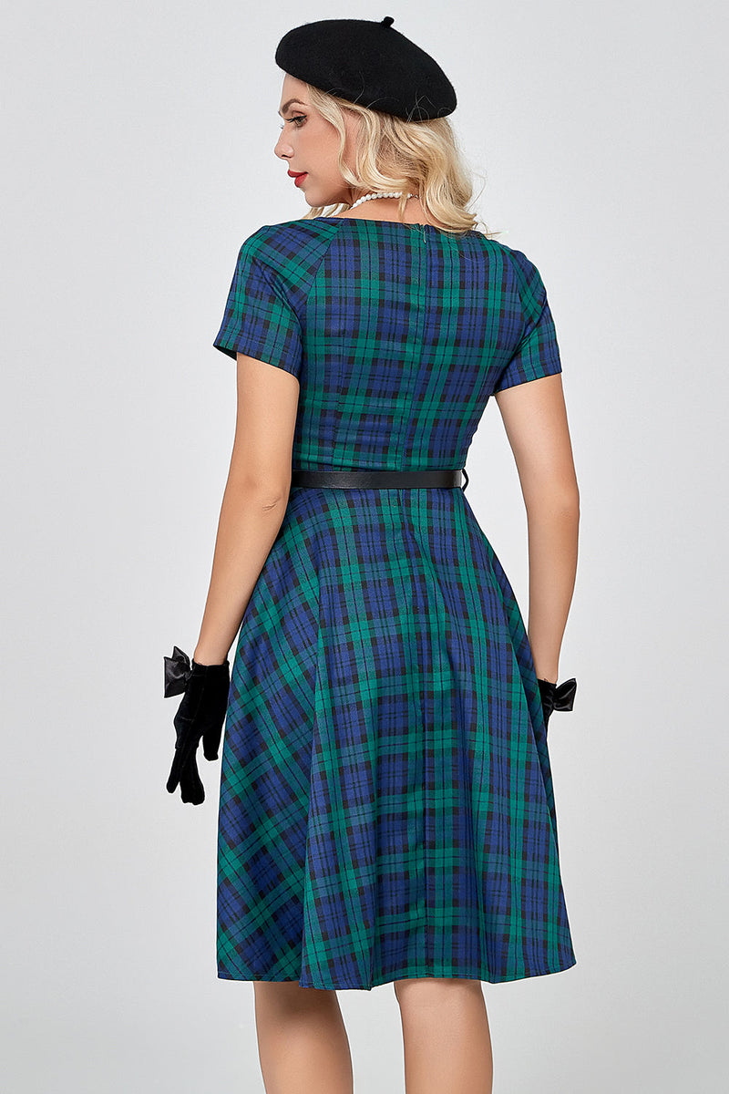 Załaduj obraz do przeglądarki galerii, Ciemnozielony krótki rękaw 1950s Sukienka w kratę