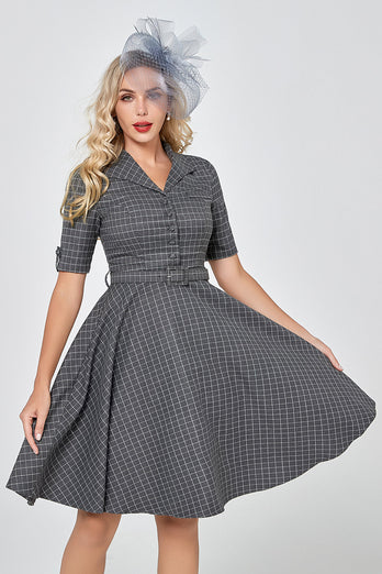 Szary rękaw w kratę Vintage 1950s Sukienka