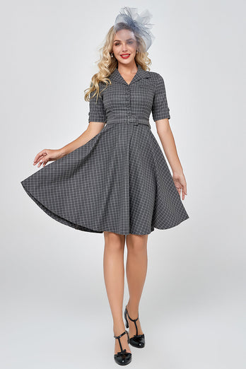 Szary rękaw w kratę Vintage 1950s Sukienka