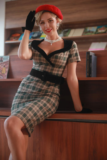 Khaki Plaid 1960s Vintage Sukienka z paskiem