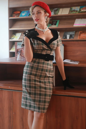 Khaki Plaid 1960s Vintage Sukienka z paskiem
