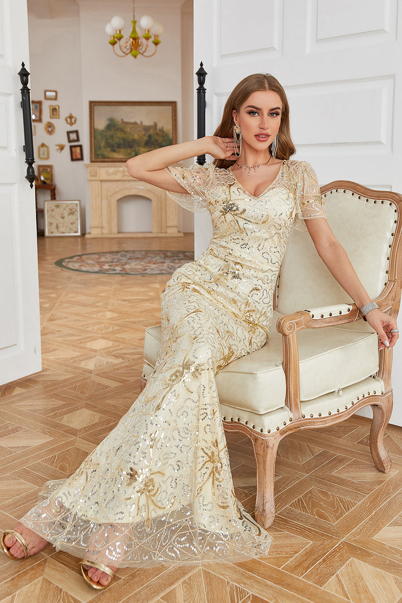Załaduj obraz do przeglądarki galerii, Złoty Sukienki Na Wesele Dla Mamy Dekolt w Serek