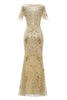 Załaduj obraz do przeglądarki galerii, Złoty Długa Sukienki Na Wesele Dla Mamy Dekolt w Serek z Krótkim Rękawem
