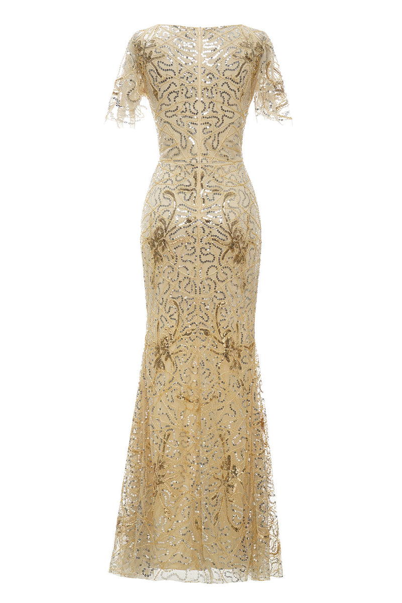 Załaduj obraz do przeglądarki galerii, Złoty Długa Sukienki Na Wesele Dla Mamy Dekolt w Serek z Krótkim Rękawem