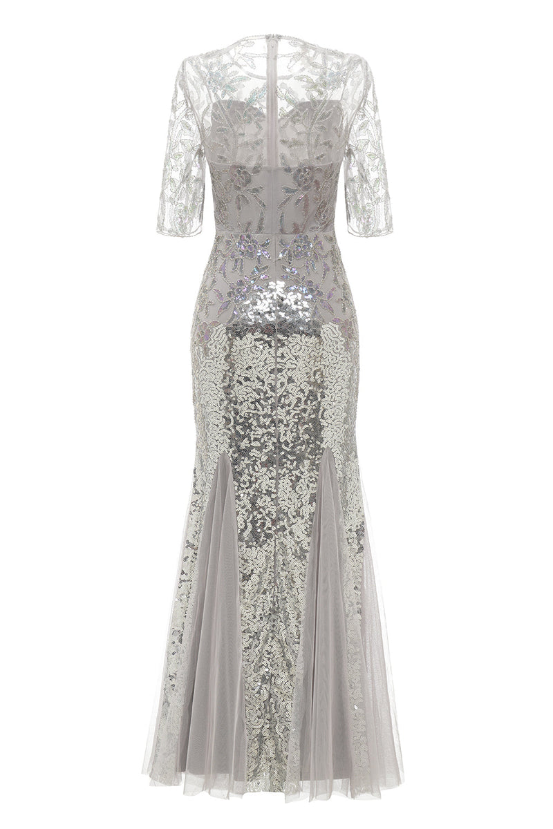Załaduj obraz do przeglądarki galerii, Cekinowa Szara Syrena Sukienka Lata 20 Z Krótkimi Rękawami