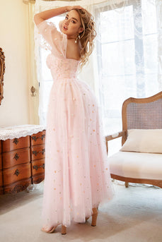 Plus Size Tiulowa Różowa Sukienki Na Studniówke z Haftem