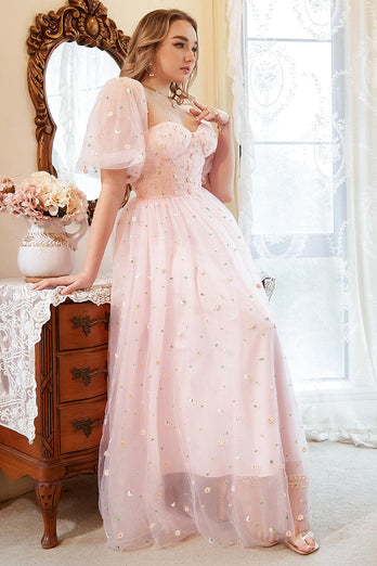 Plus Size Tiulowa Różowa Sukienki Na Studniówke z Haftem