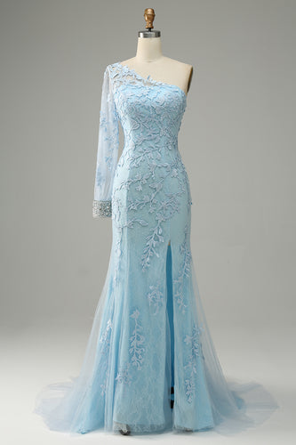 Błękitny Długie Syrenka Sukienka Na Studniówkę Na Jedno Ramię