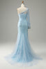 Załaduj obraz do przeglądarki galerii, Błękitny Długie Syrenka Sukienka Na Studniówkę Na Jedno Ramię