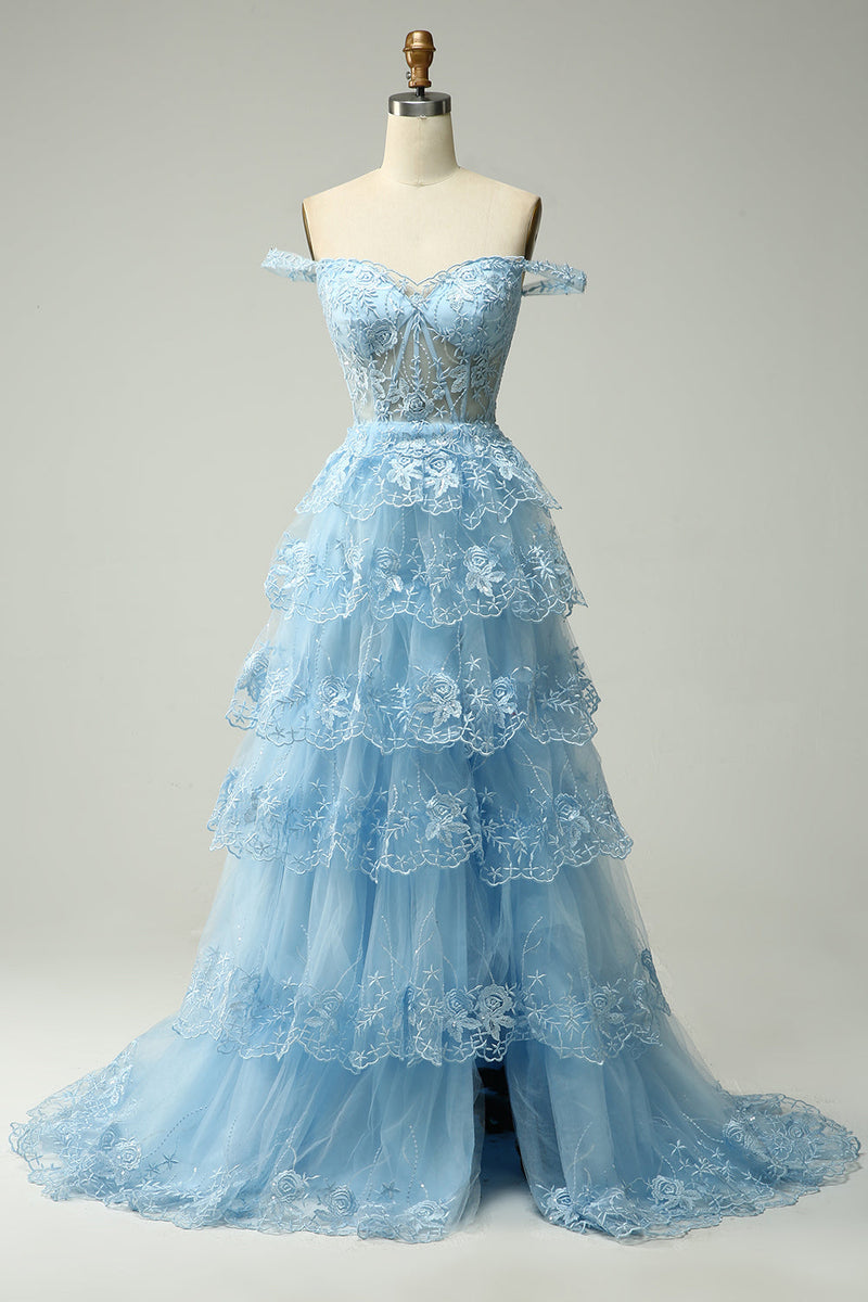 Załaduj obraz do przeglądarki galerii, Księżniczka Niebieska Sukienki Na Studniówke z Odkrytymi Ramionami z Aplikacjami