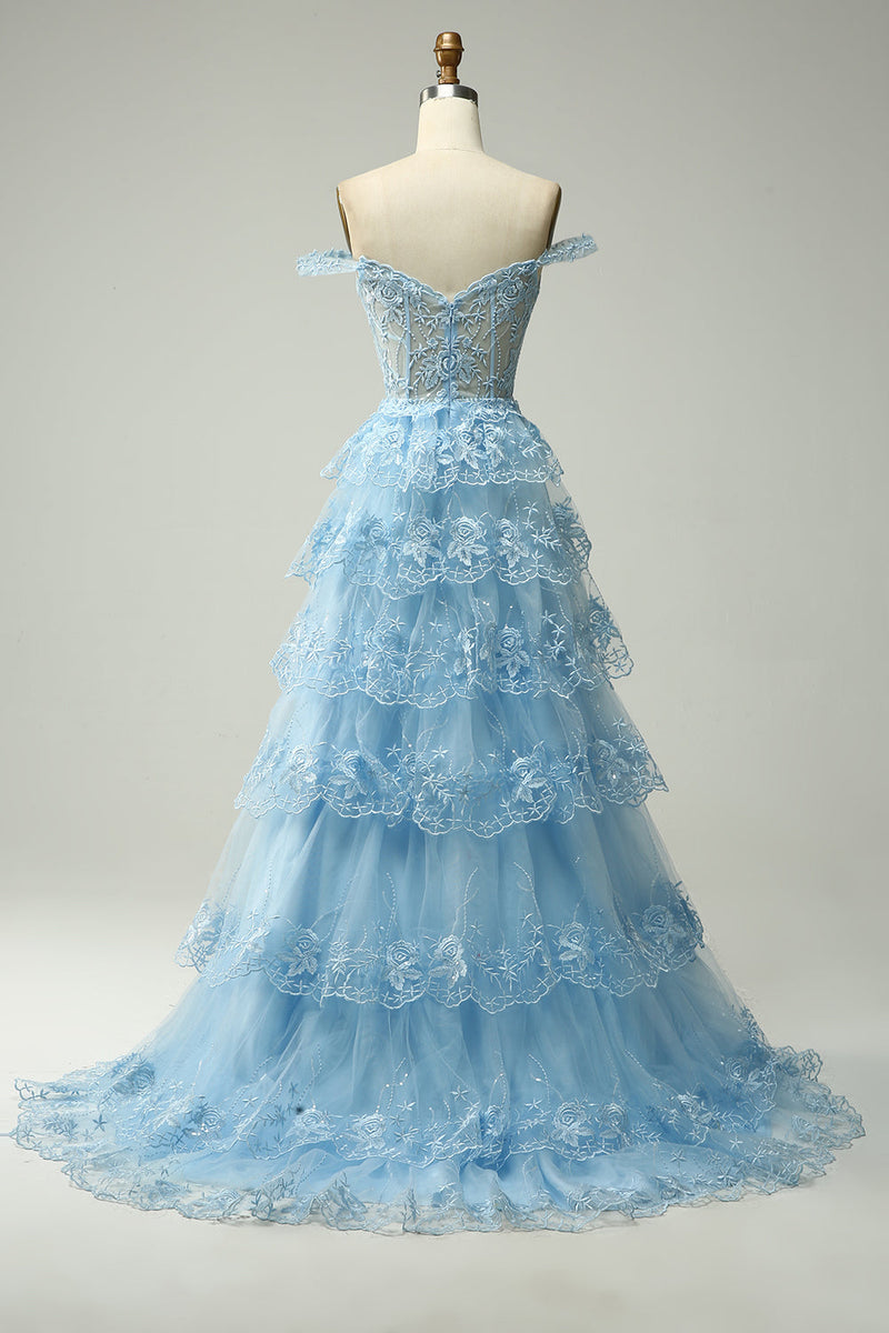 Załaduj obraz do przeglądarki galerii, Księżniczka Niebieska Sukienki Na Studniówke z Odkrytymi Ramionami z Aplikacjami