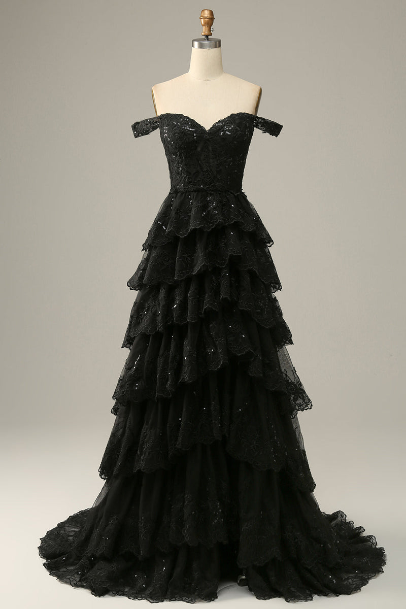 Załaduj obraz do przeglądarki galerii, Długa Cekinowa Czarna Sukienki Na Studniówke Z Odkrytymi Ramionami