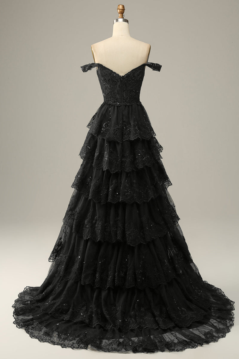 Załaduj obraz do przeglądarki galerii, Długa Cekinowa Czarna Sukienki Na Studniówke Z Odkrytymi Ramionami