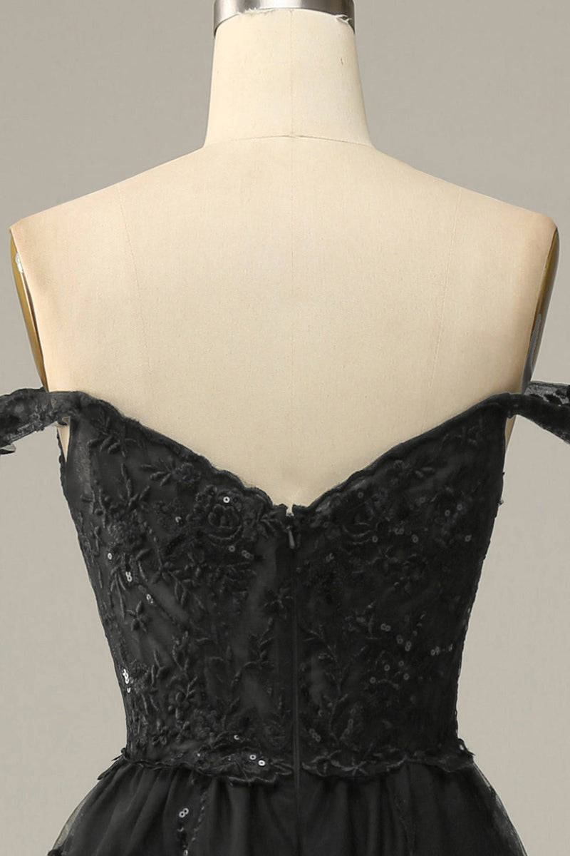 Załaduj obraz do przeglądarki galerii, Czarna Cekinowa Sukienka Wieczorowe z Odkrytymi Ramionami
