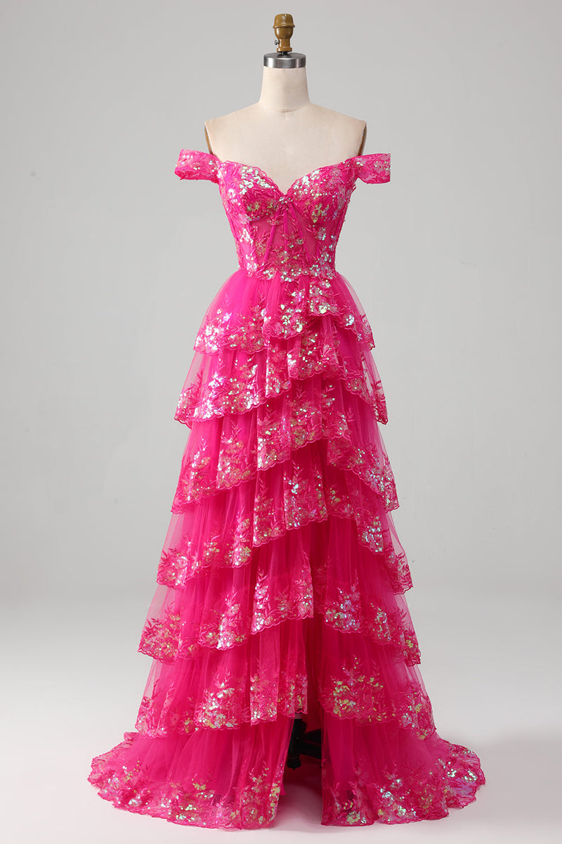 Załaduj obraz do przeglądarki galerii, Fuksja Cekinowe Sukienki Na Studniówke z Odkrytymi Ramionami