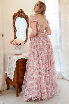 Plus Size Różowa Tiulowa Sukienka Na Studniówkę W Kwiaty