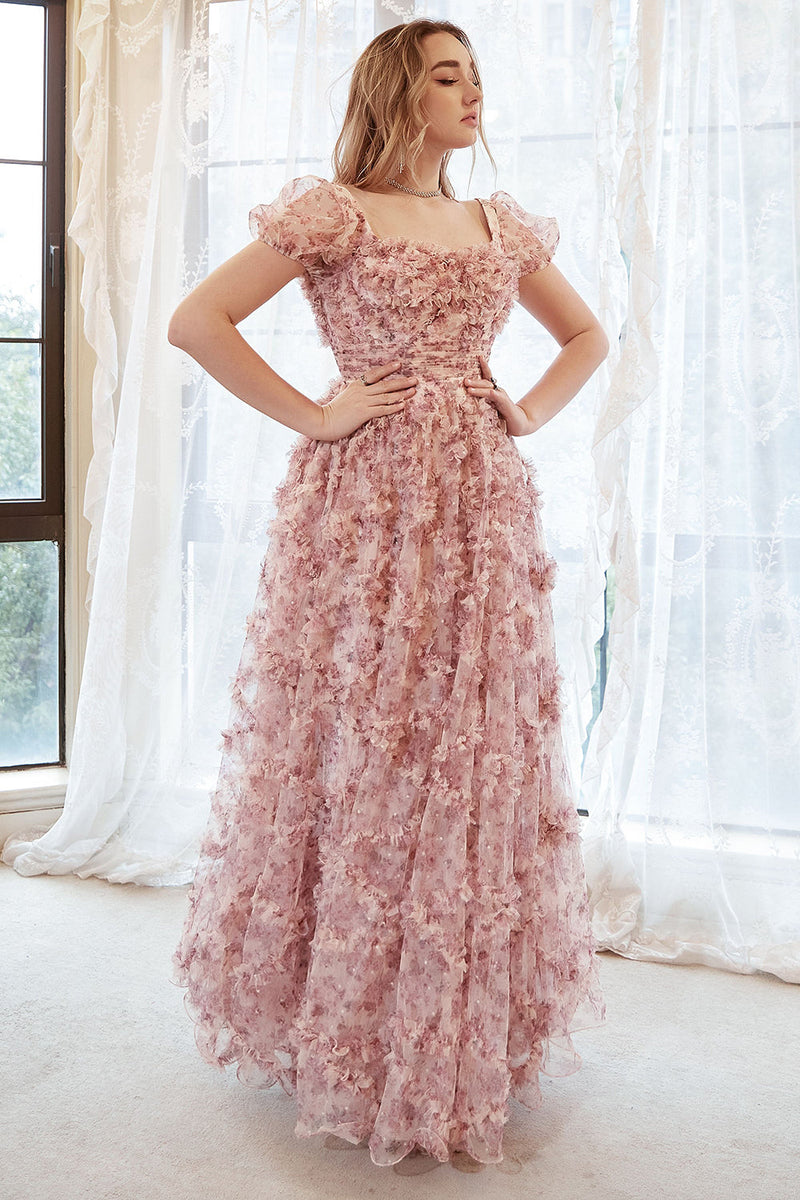 Załaduj obraz do przeglądarki galerii, Plus Size Różowa Tiulowa Sukienka Na Studniówkę W Kwiaty