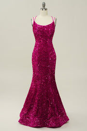 Hot Pink Sequin Spaghetti Straps Mermaid Prom Dress z koronkowym tyłem