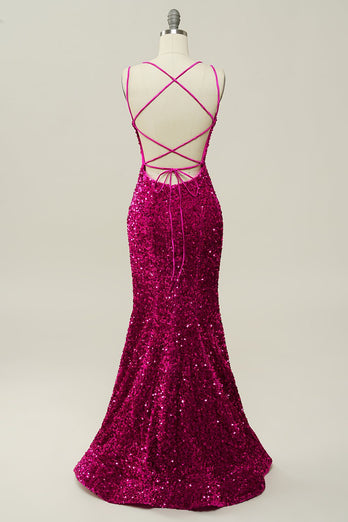 Hot Pink Sequin Spaghetti Straps Mermaid Prom Dress z koronkowym tyłem