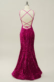 Hot Pink Sequin Spaghetti Straps Mermaid Prom Dress z koronkowym tyłem