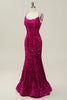Załaduj obraz do przeglądarki galerii, Hot Pink Sequin Spaghetti Straps Mermaid Prom Dress z koronkowym tyłem