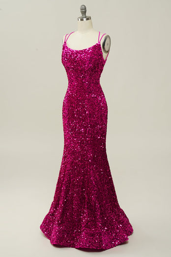 Hot Pink Sequin Spaghetti Straps Mermaid Prom Dress z koronkowym tyłem