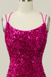 Hot Pink Sequin Spaghetti Straps Mermaid Prom Dress z koronkowym tyłem