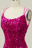 Załaduj obraz do przeglądarki galerii, Hot Pink Sequin Spaghetti Straps Mermaid Prom Dress z koronkowym tyłem