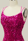 Hot Pink Sequin Spaghetti Straps Mermaid Prom Dress z koronkowym tyłem